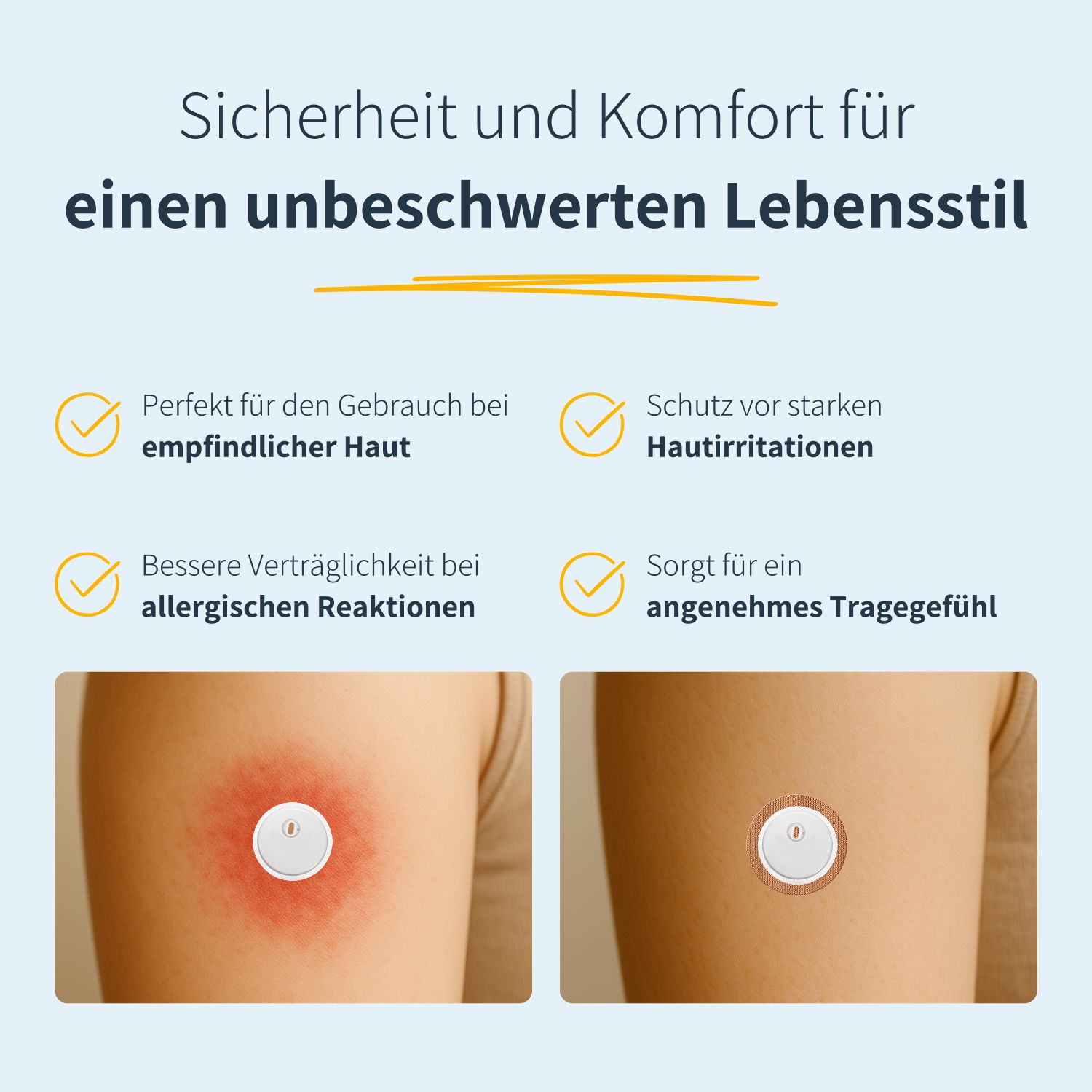 Vergleichsbilder: Haut mit Sensor, einmal rot, einmal mit Pflaster. Text: Sicherheit und Komfort für einen unbeschwerten Lebensstil.