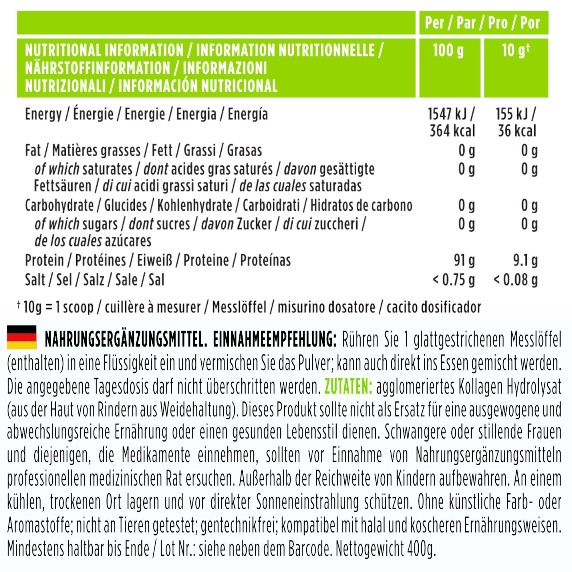Nährwertangaben für Kollagenpulver: Energie, Fett, Kohlenhydrate, Protein.