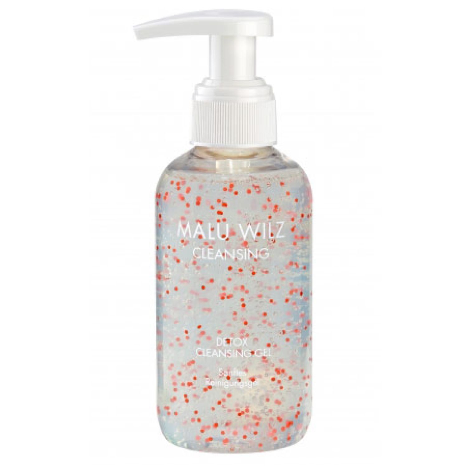 Klare Flasche mit roter Partikel-Suspension. Weißer Pumpkopf. Aufschrift: Malu Wilz Cleansing Detox Cleansing Gel.
