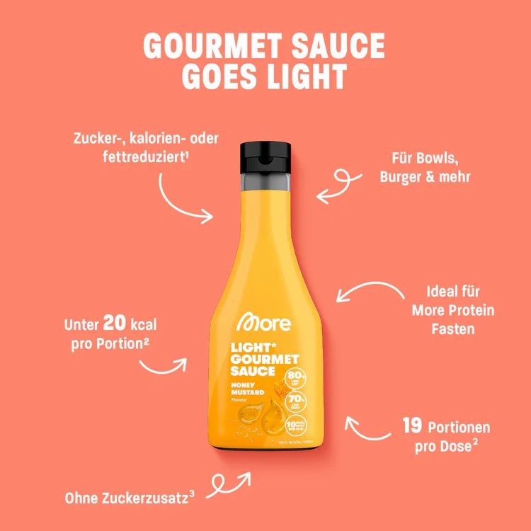 Gelbe Flasche mit schwarzem Deckel. Aufschrift: More Light Gourmet Sauce, Honey Mustard. Angaben zu Kalorienreduzierung und Portionsgröße.