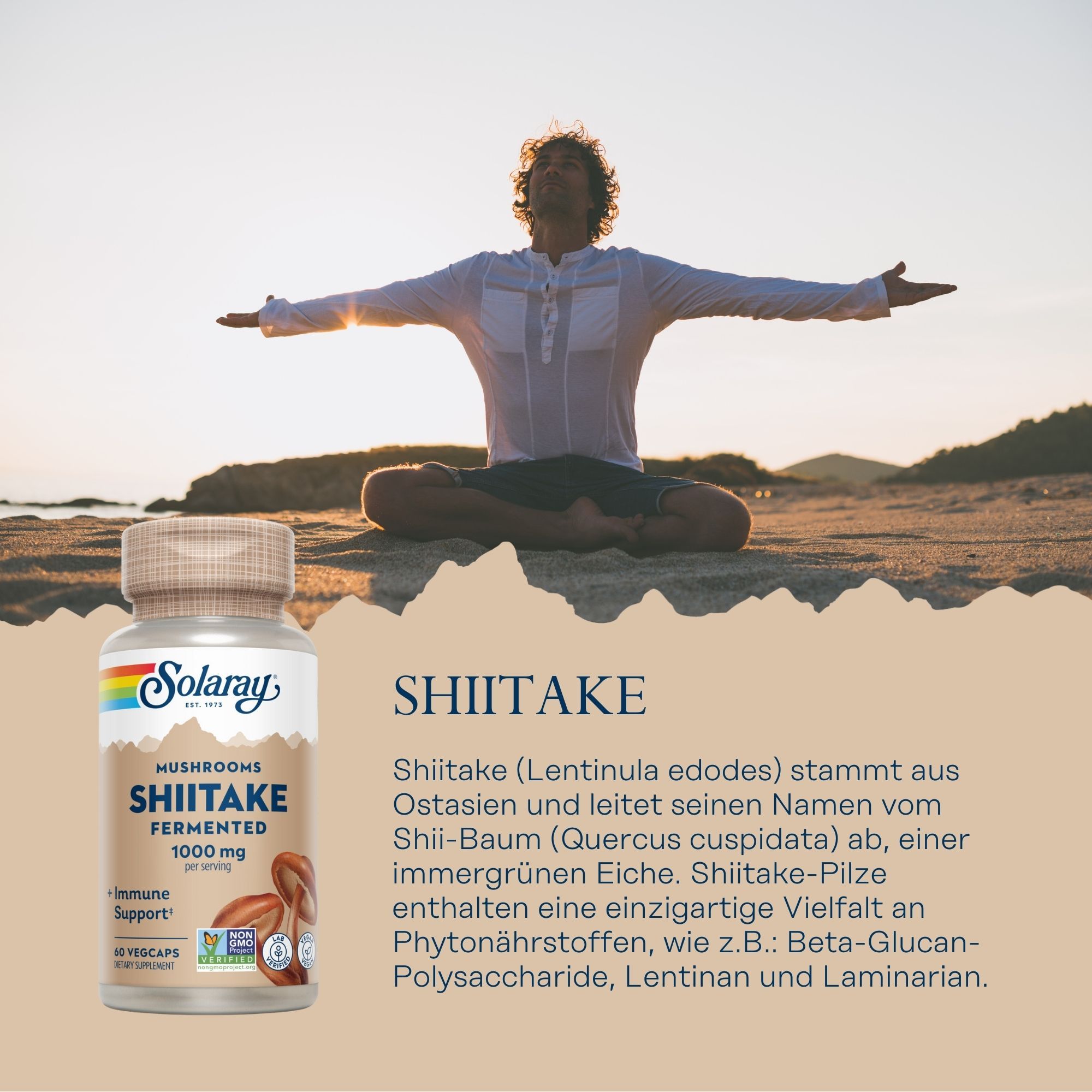 Braune Flasche mit Solaray Shiitake-Kapseln. Aufschrift: Shiitake fermentiert, 1000 mg. Mit Regenbogen-Logo und Text.