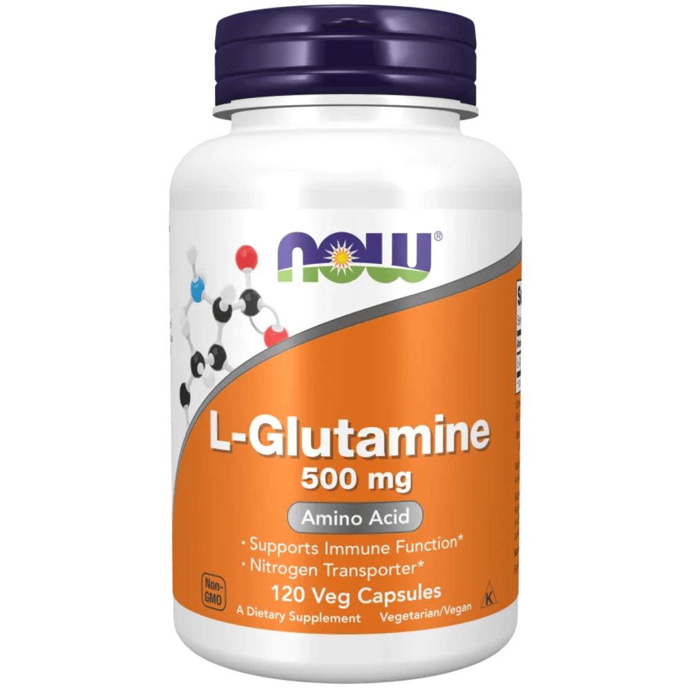 Weiße Flasche mit blauem Deckel. Aufschrift: L-Glutamin, 500 mg, Aminosäure. Enthält 120 Kapseln. Marke: NOW.