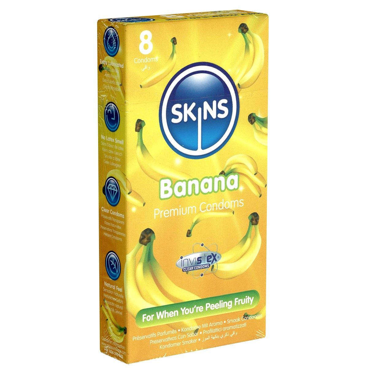 Verpackung mit Kondomen. Auf gelbem Grund Bananen-Illustrationen. Aufschrift: SKINS Banana Premium Condoms. 8 Stück.