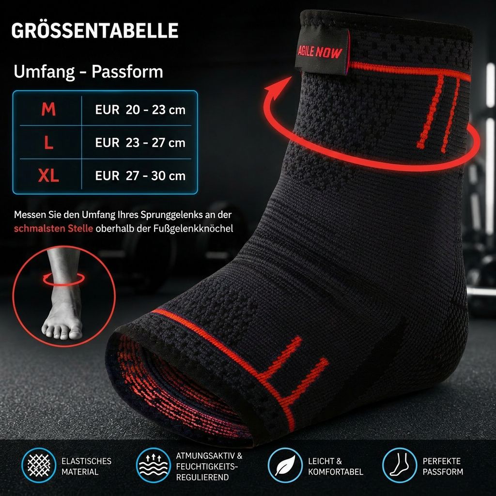 AGILE NOW Sprunggelenkbandage, schwarz mit roten Details. Größenangaben: M, L, XL. Elastisches Material, atmungsaktiv.
