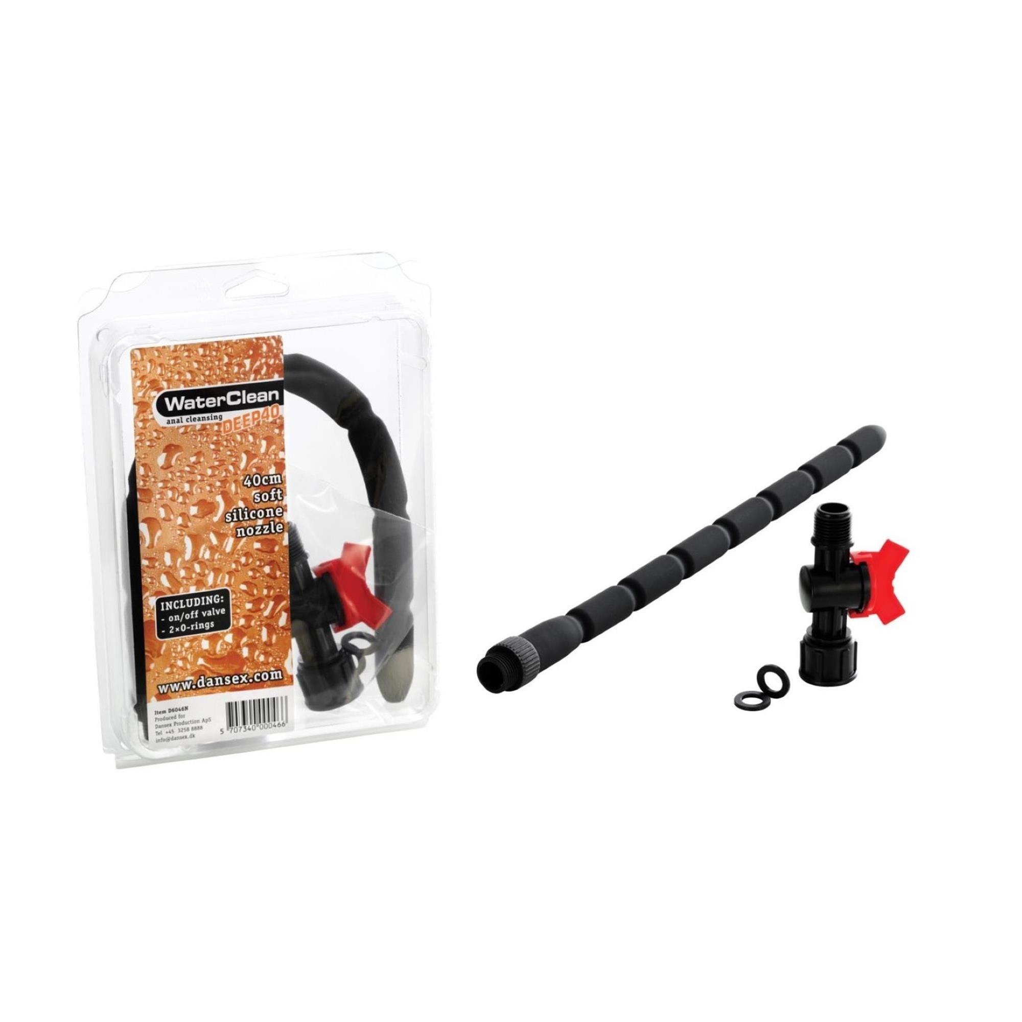 Anal-Reinigungssystem WaterClean, transparente Verpackung. Enthält Schlauch, Düse, Ventil und Dichtungsringe. Schwarzer Schlauch, rotes Ventil.