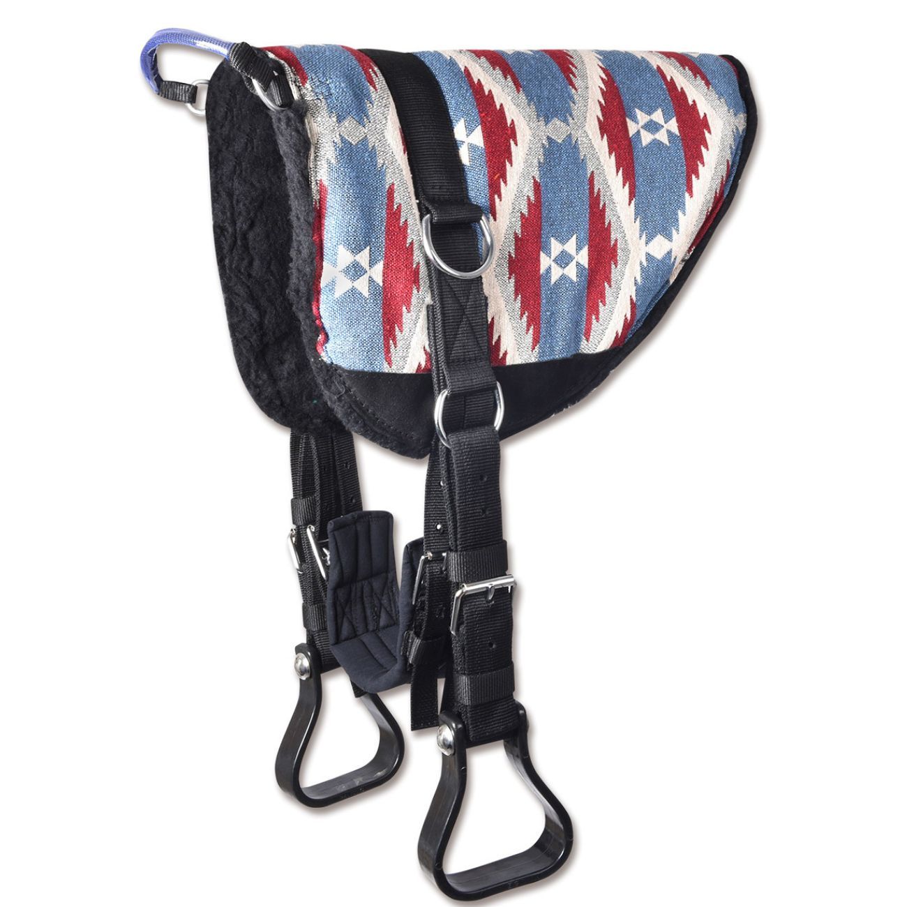 Waldhausen Bareback Pad Alvin. Blau-rot gemustert, mit Steigbügeln und Gurten. Schwarze Unterseite.
