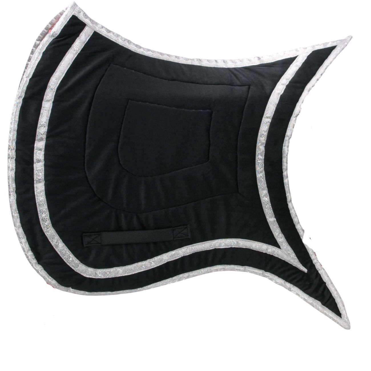 Schwarze Satteldecke mit weißem Rand und Steppung. Quadratische Form. Griff.