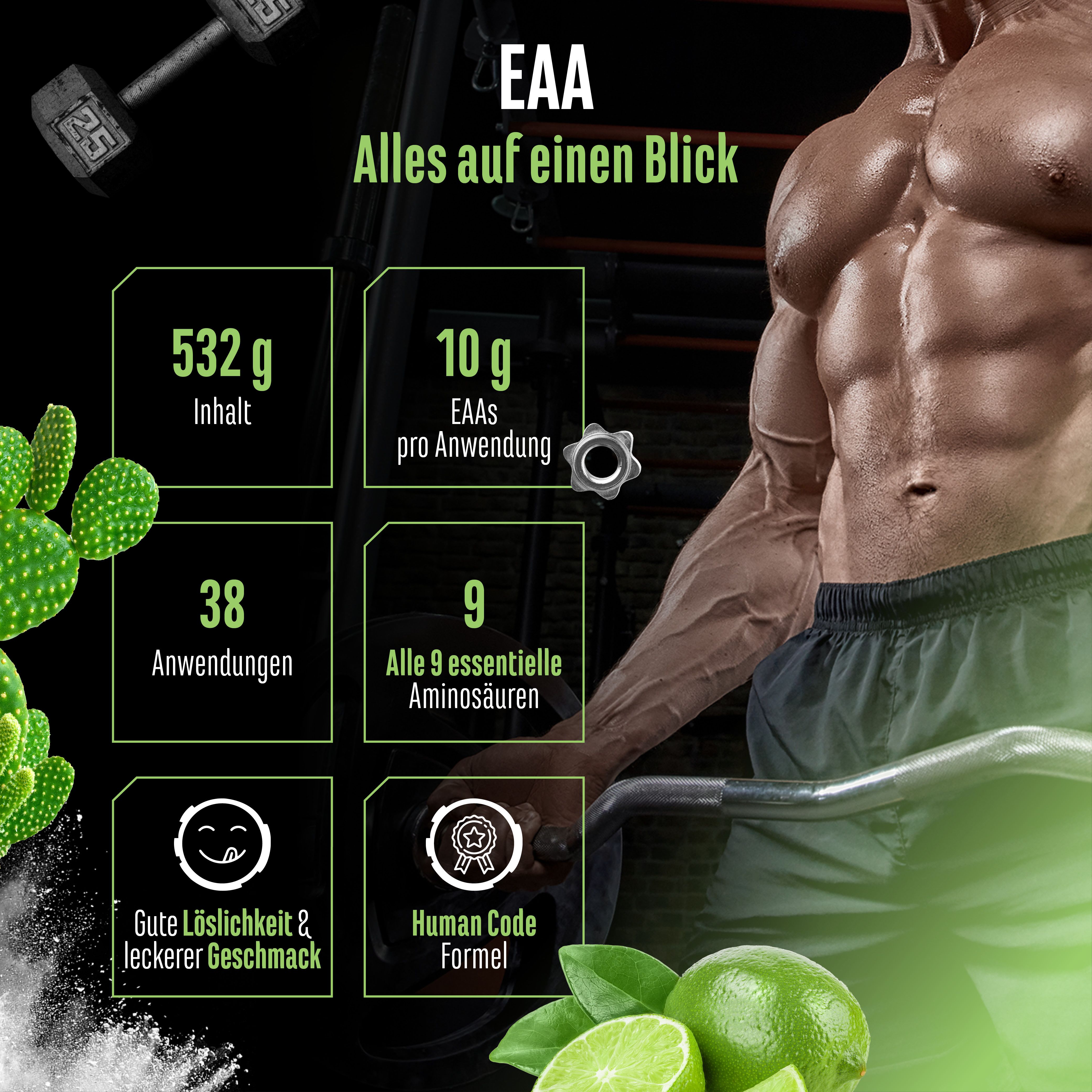 Grafik mit Produktinformationen. Enthält 532g, 10g EAAs pro Anwendung, 38 Anwendungen, 9 essentielle Aminosäuren. Gute Löslichkeit & leckerer Geschmack.