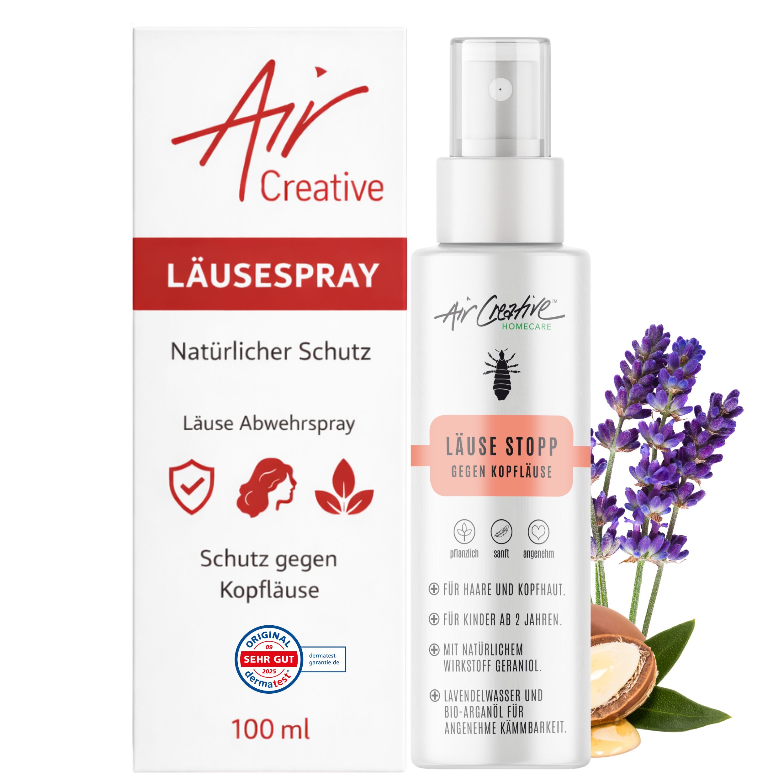 Air Creative Läusespray. Weiße Flasche mit Sprühkopf. Text: Läusespray, natürlicher Schutz, Läuse Abwehrspray, 100 ml. Mit Lavendel und Argan.