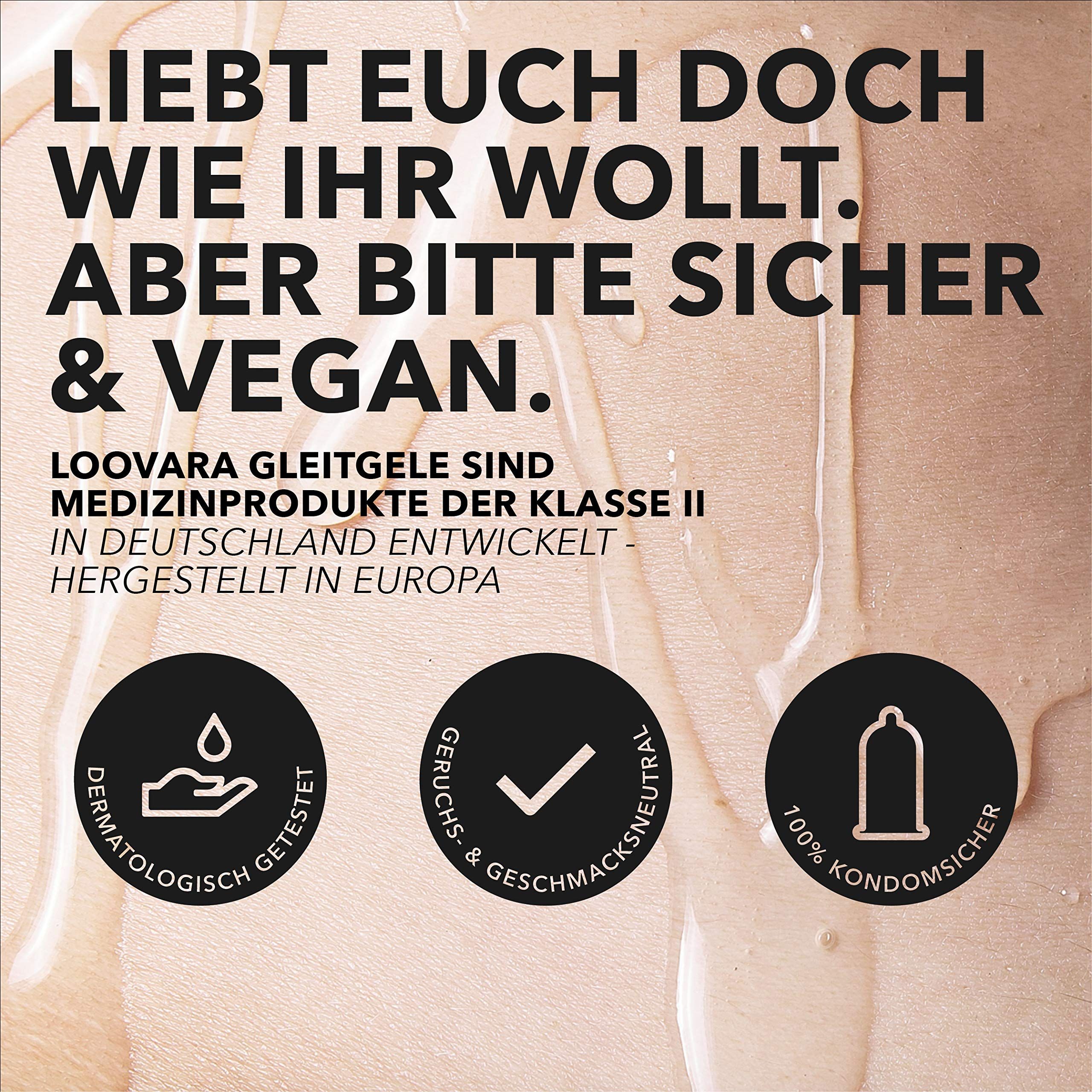 Drei Kreise mit Icons: Hautarzt-Test, geruchs- & geschmacksneutral, 100% kondomverträglich.