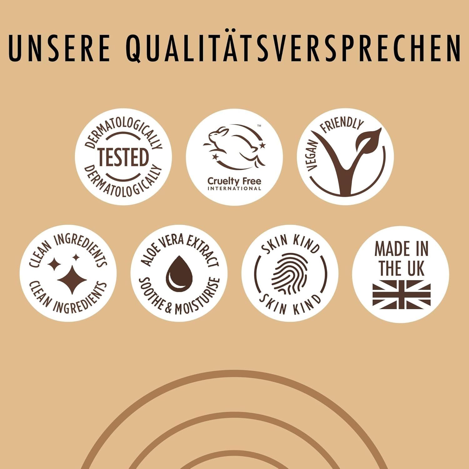 Sieben runde Logos auf beigem Hintergrund. Logos: Dermatologisch getestet, Cruelty Free, Vegan, etc.