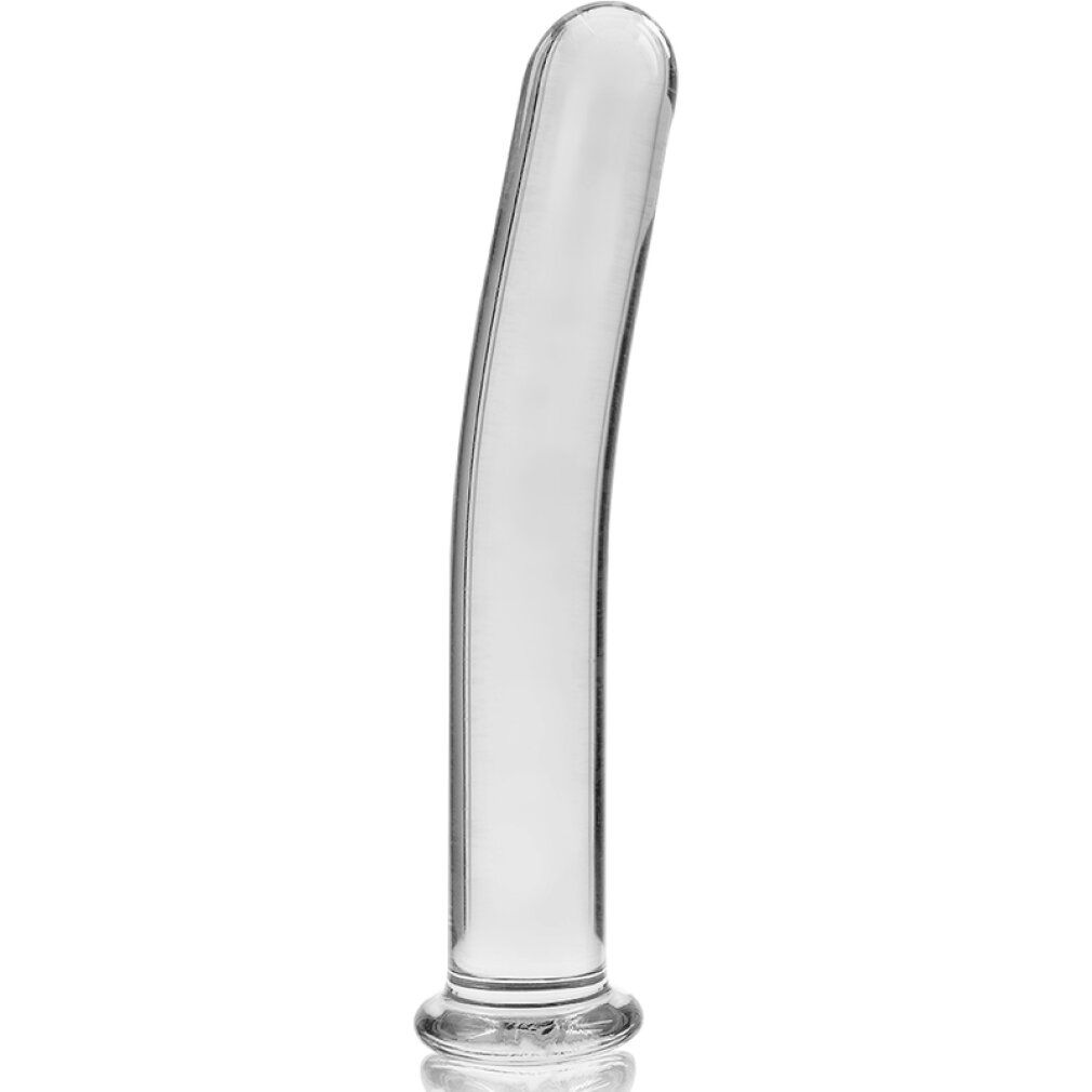 Transparenter Borosilikatglas-Dildo, Modell 8, mit flachem Sockel.