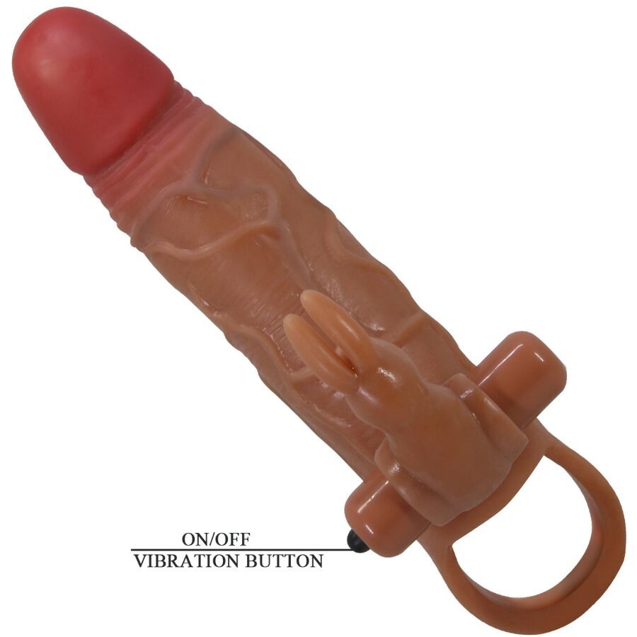 Penishülle, braun mit roter Spitze, mit Ring und Stimulator.