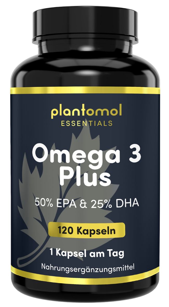 Dunkle Flasche mit schwarzem Deckel. Etikett mit "plantomol essentials" und "Omega 3 Plus". Enthält 120 Kapseln.