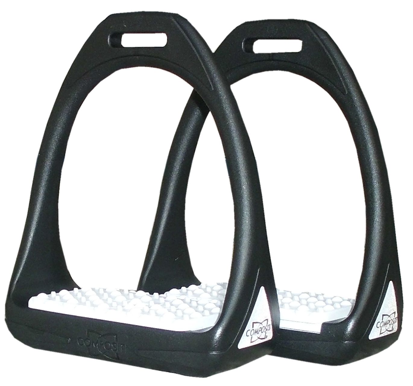 Zwei schwarze Steigbügel mit weißem Fußbett. Das Logo 'Compositi' ist auf den Seiten sichtbar.