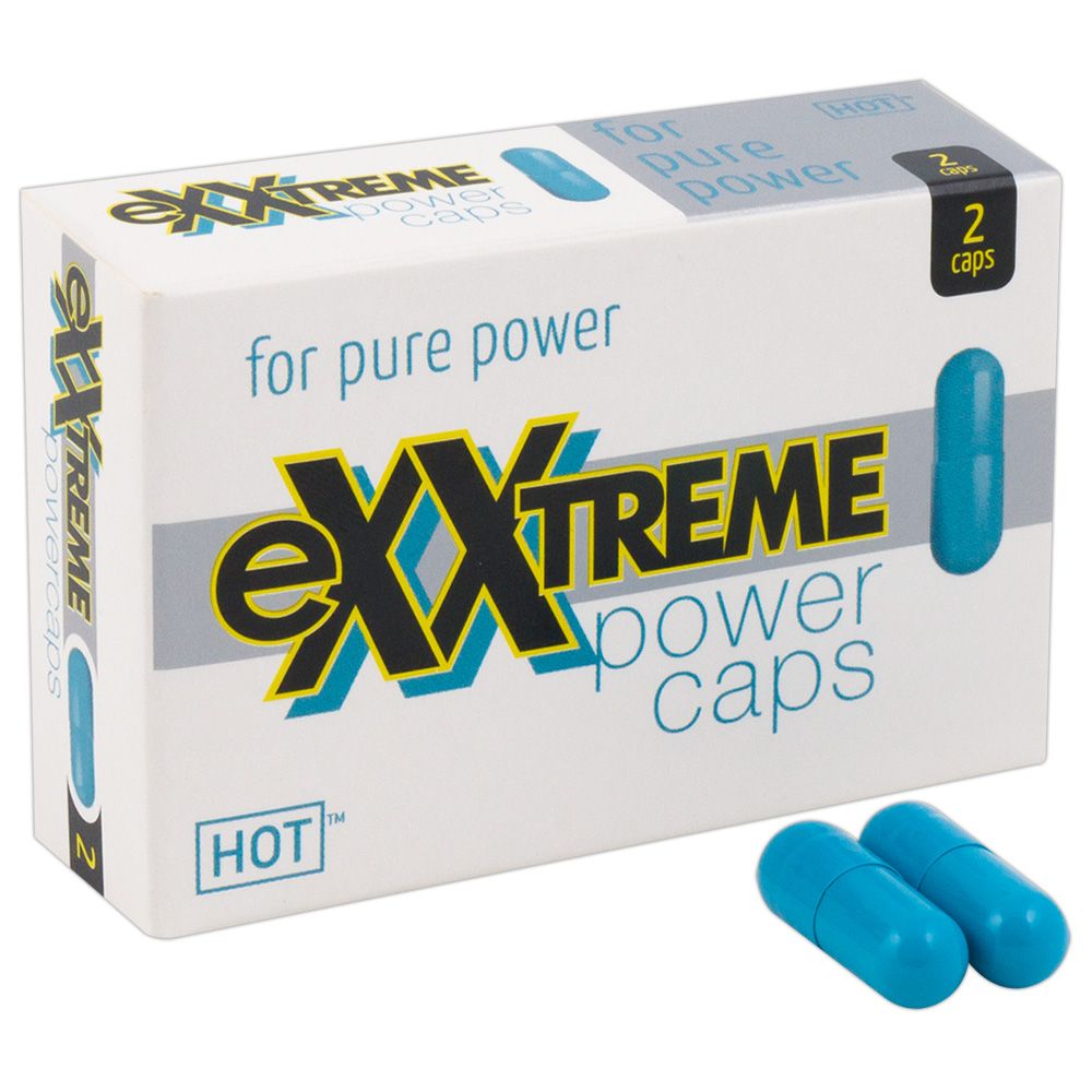 Weiße Schachtel mit blauen Kapseln. Aufschrift: eXXtreme power caps, HOT. Für pure power. 2 Kapseln. Zwei blaue Kapseln daneben.