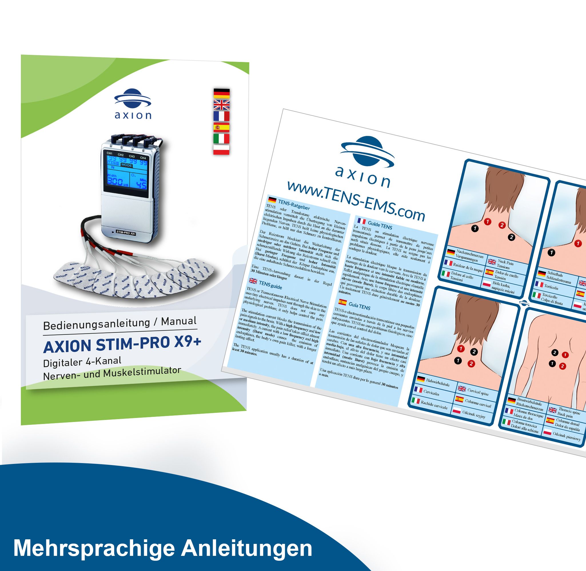 axion® 4-Kanal TENS Gerät und EMS Gerät  STIM-PRO X9+ zur Schmerztherapie mit Spray und Zubehör