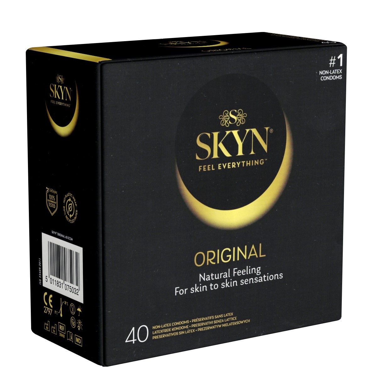 Schwarze Verpackung mit SKYN-Logo und Produktbezeichnung "Original". Enthält 40 Kondome. Aufschrift: "#1 Non-Latex Kondome".
