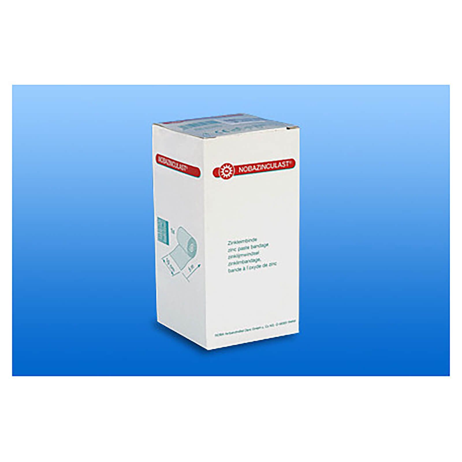 Verpackung von NOBAZINCULAST® Zinkleimbinde. Auf der Verpackung sind Produktinformationen und das Logo abgebildet.