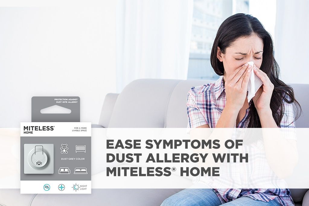 Frau mit Taschentuch. Produktverpackung gegen Hausstaubmilben im Bild.