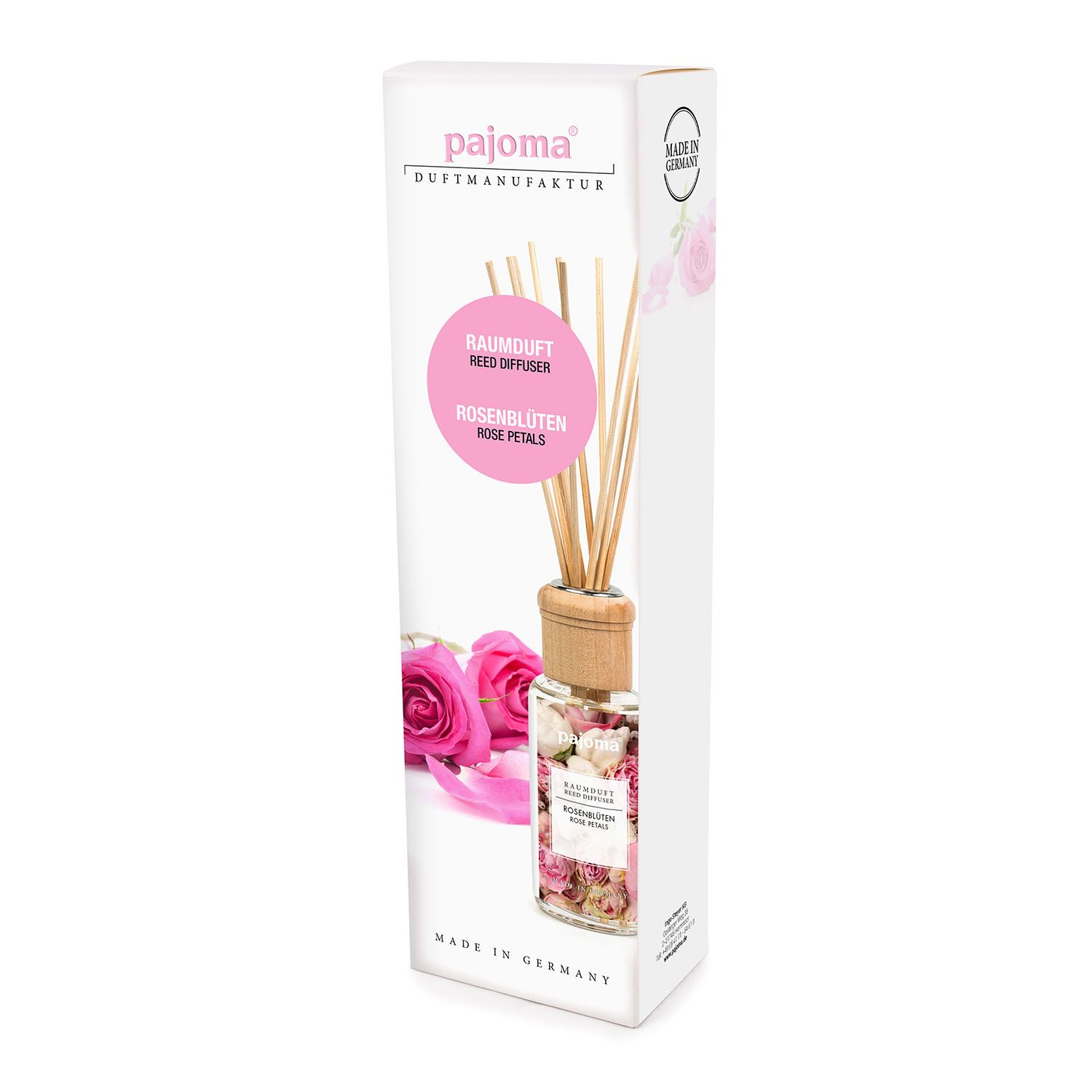 Produkt in Verpackung. Weißer Karton mit Produktabbildung und Text. Rosenblüten-Motiv. Text: Raumduft, Rosenblüten, Reed Diffuser.