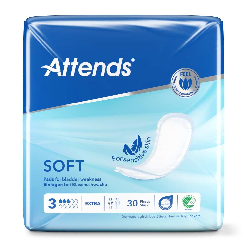 Attends Soft 3 Extra Großpackung. Blaue Verpackung mit Produkt und Logo. 30 Stück. Für empfindliche Haut. Mit Siegeln.