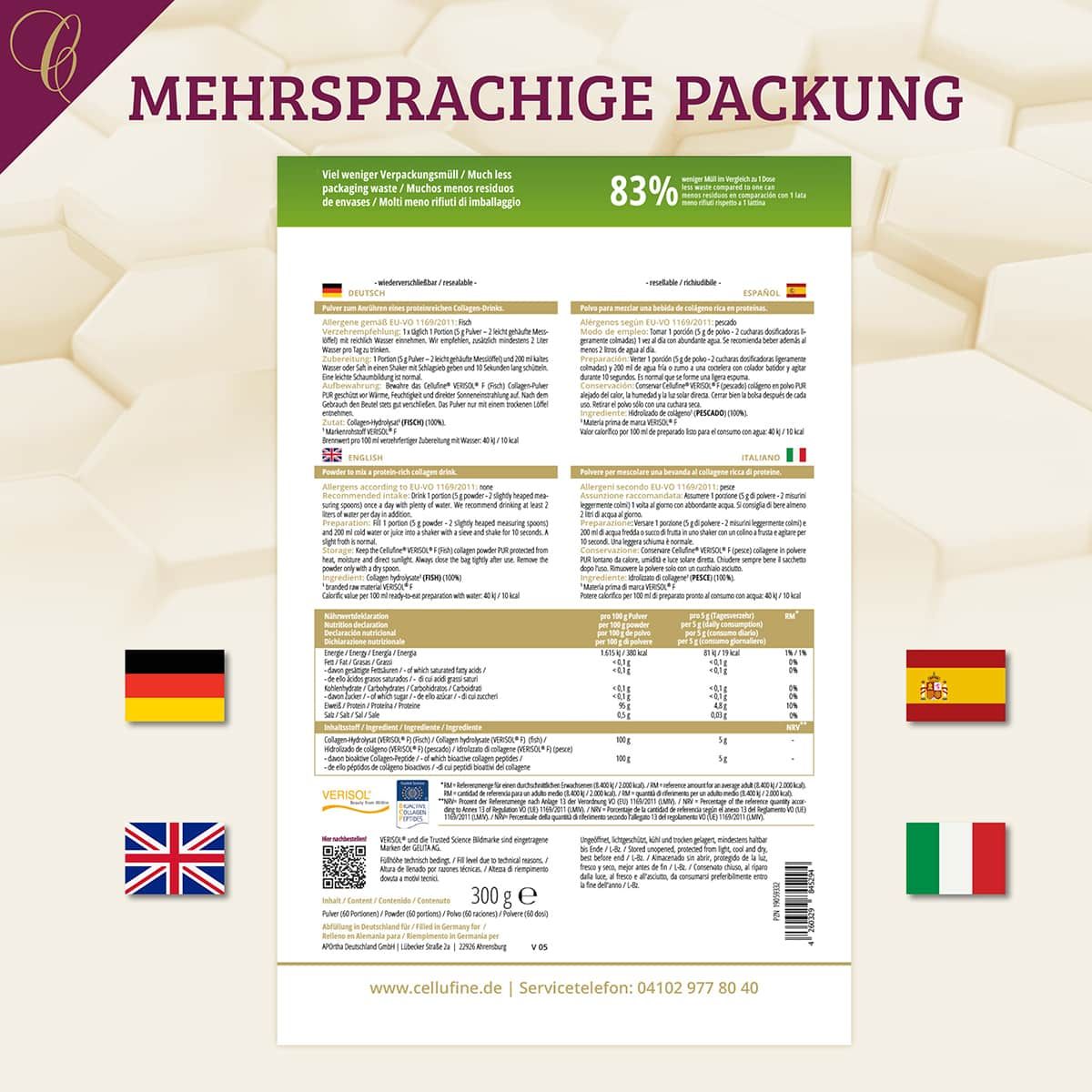 Rückseite der Verpackung mit Texten in Deutsch, Englisch, Italienisch und Spanisch. Enthält Nährwertangaben und QR-Code.