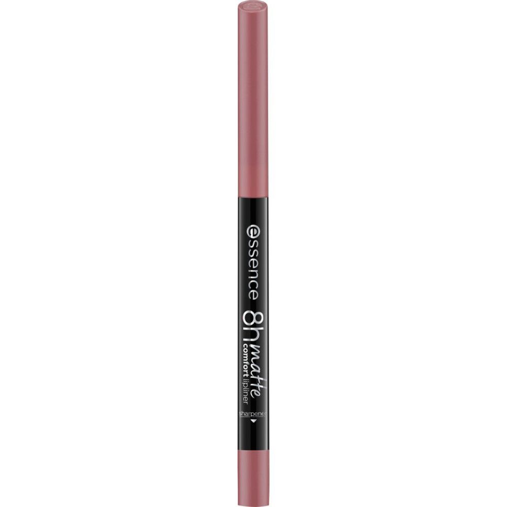 Lippenstiftstift mit schwarzem Gehäuse und rosa Spitze. Aufschrift: essence, 8h matte comfort. Spitze und Gehäuseende rosa.