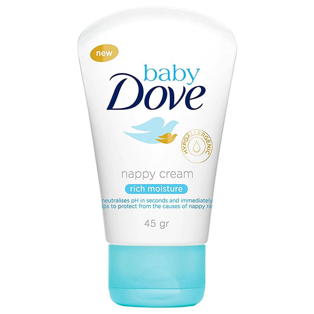 Baby Dove Windelcreme. Weiße Tube mit blauem Deckel. Aufschrift: Baby Dove, nappy cream, rich moisture. Hypoallergen. 45 gr.