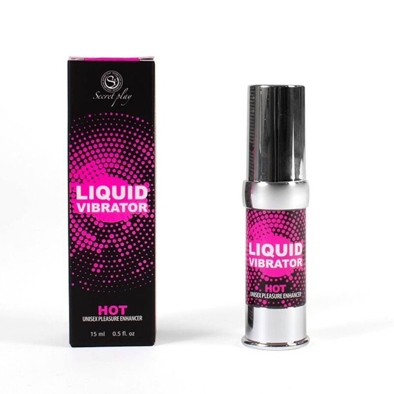 Zylindrisches Produkt mit silberner Kappe, beschriftet 'Liquid Vibrator Hot'. Schwarze Verpackung daneben.
