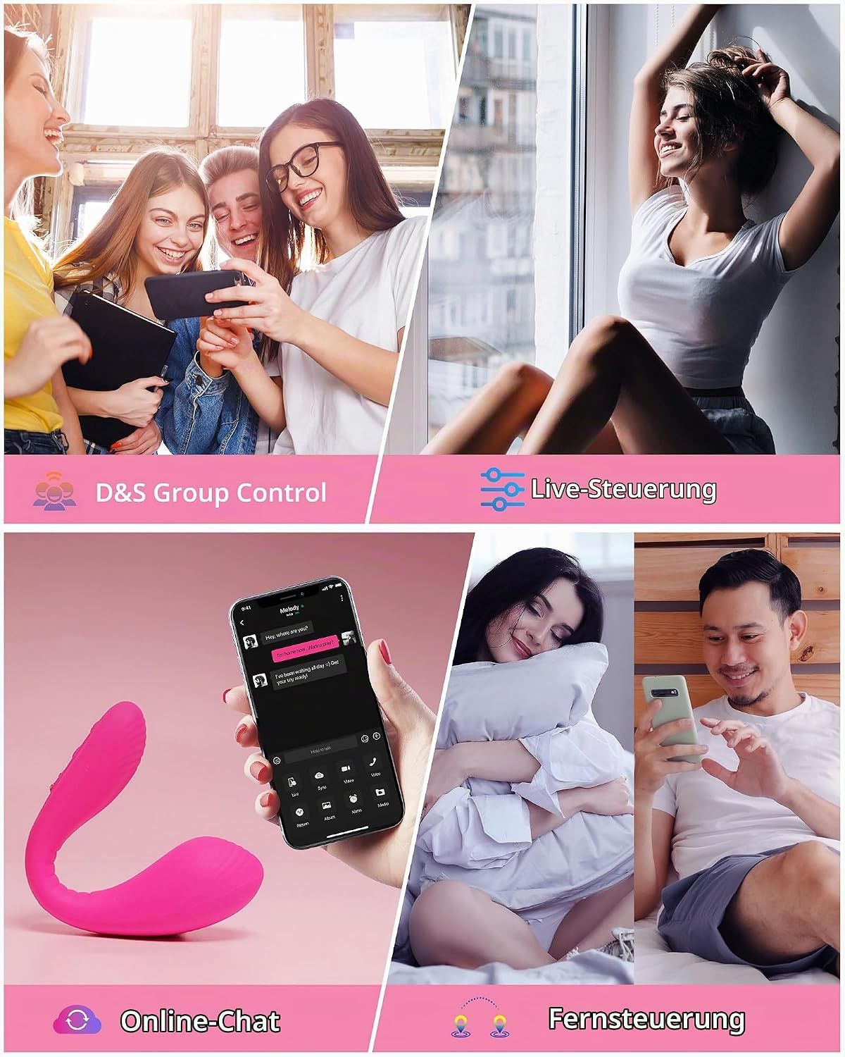 Collage zeigt verschiedene Anwendungsszenarien und Funktionen eines pinken Vibrators.