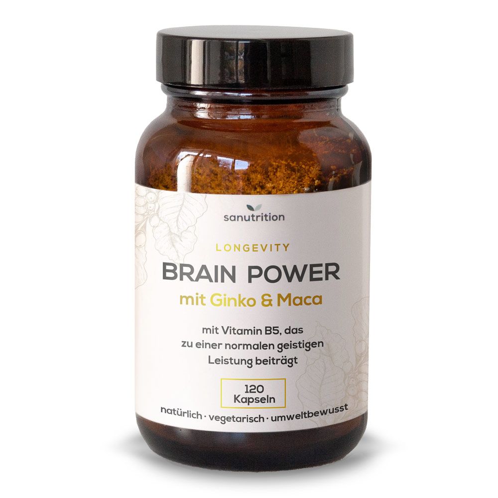Braune Glasflasche mit Kapseln. Etikett mit "Brain Power" und "120 Kapseln".