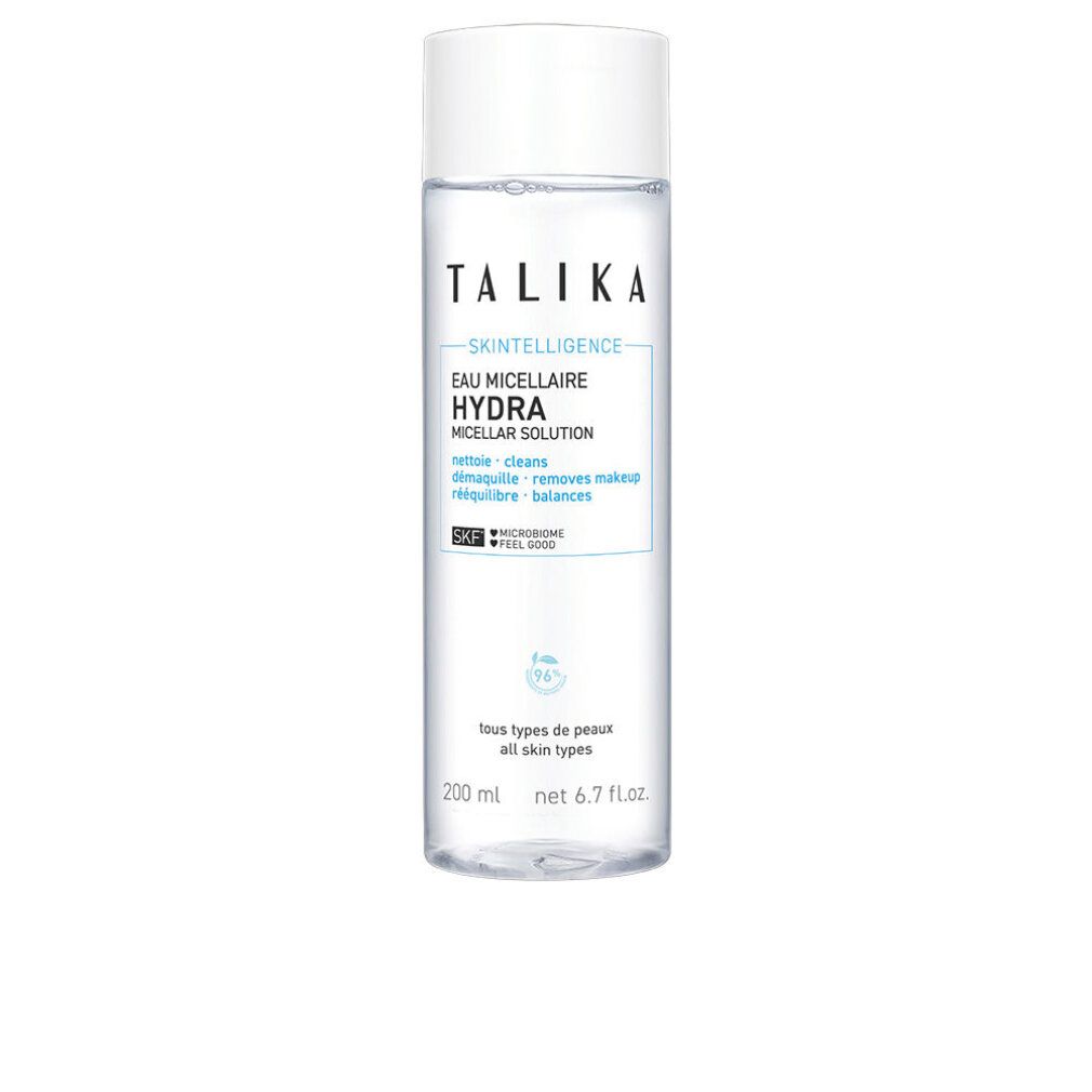 Transparente Flasche mit weißem Deckel. Aufschrift: Talika, Skintelligence Hydra, Micellar Solution, 200ml.