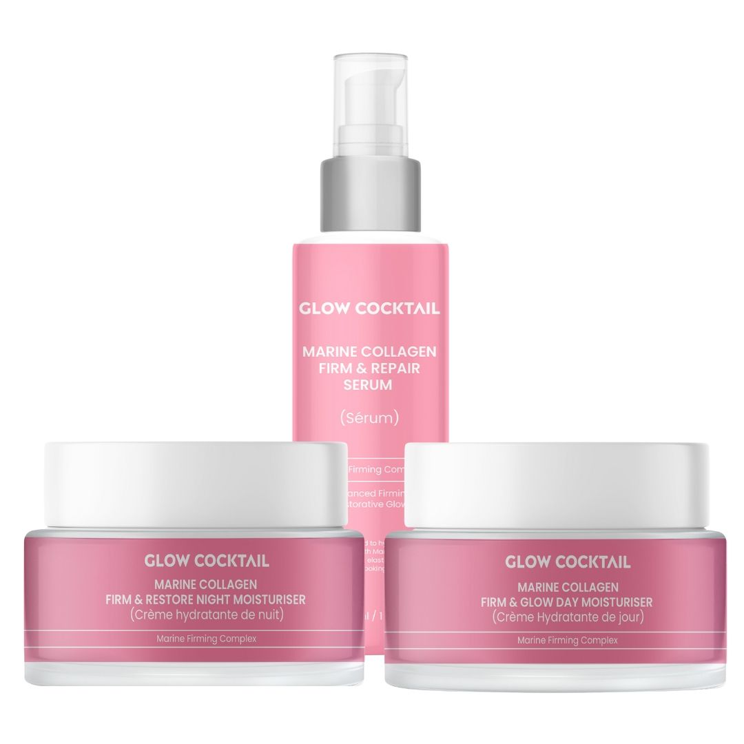 Rosa Flasche und Tiegel. Aufschrift: Glow Cocktail, Marine Collagen. Produkte: Serum, Tages- und Nachtcreme.