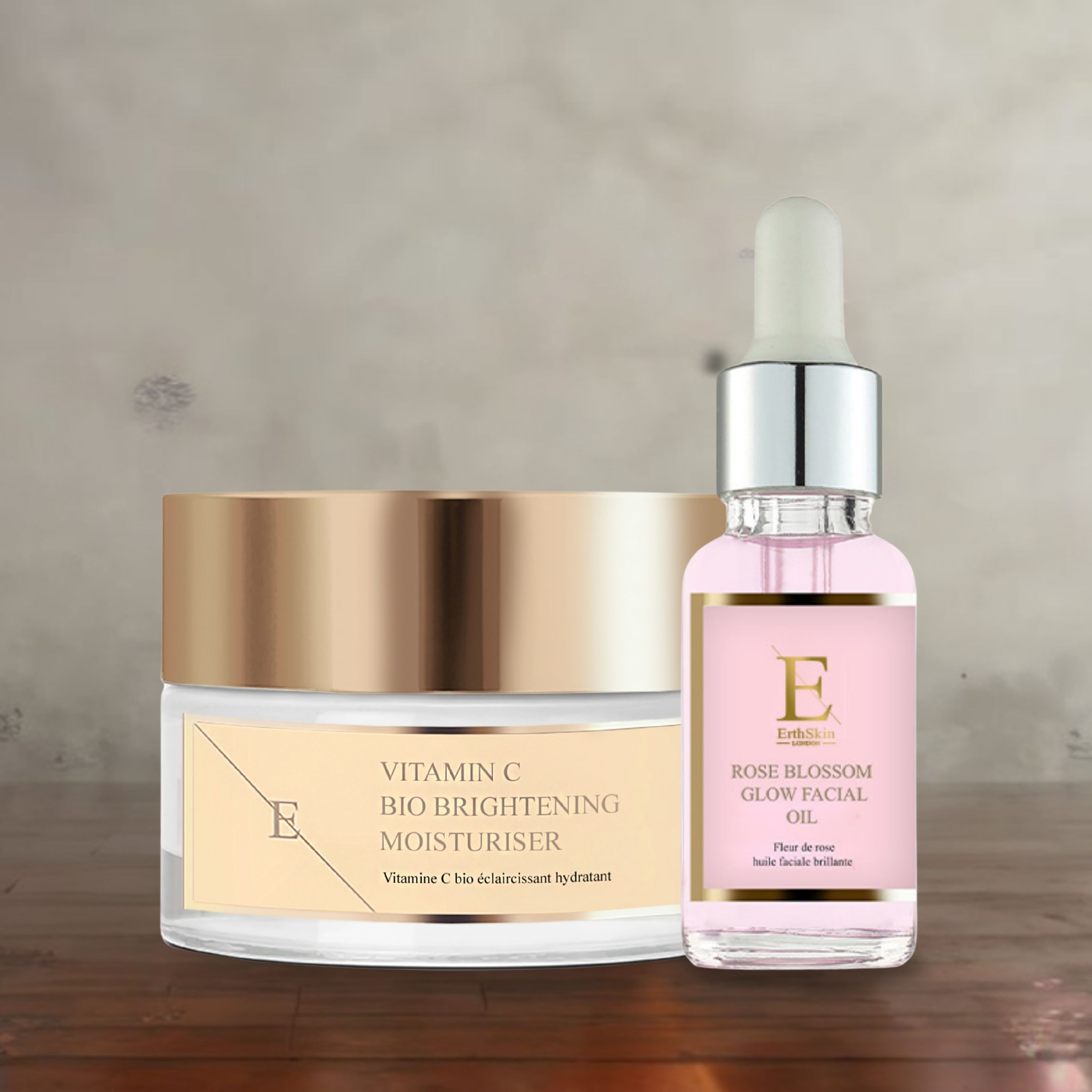ErthSkin London Rosenblüten-Glow-Gesichtsöl + aufhellende Bio-Feuchtigkeitscreme mit Vitamin C