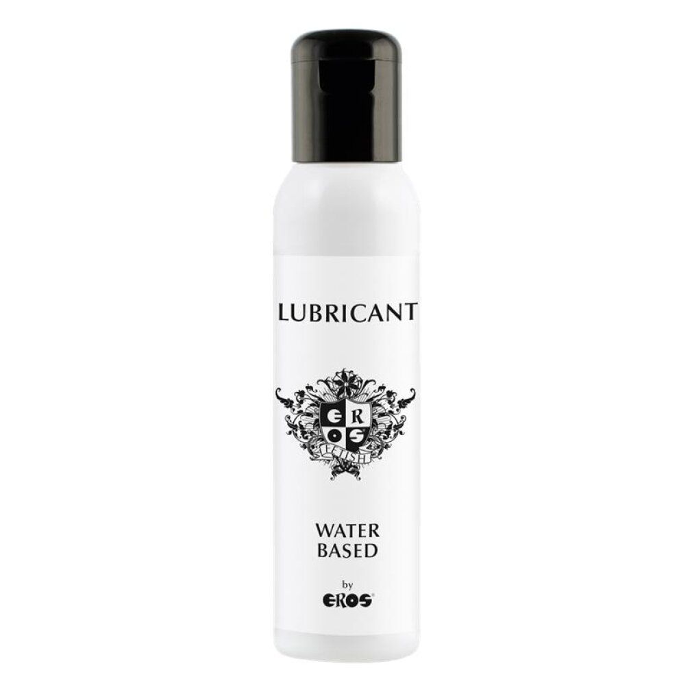 Weiße Flasche mit schwarzem Verschluss, beschriftet mit LUBRICANT, WATER BASED, by EROS.