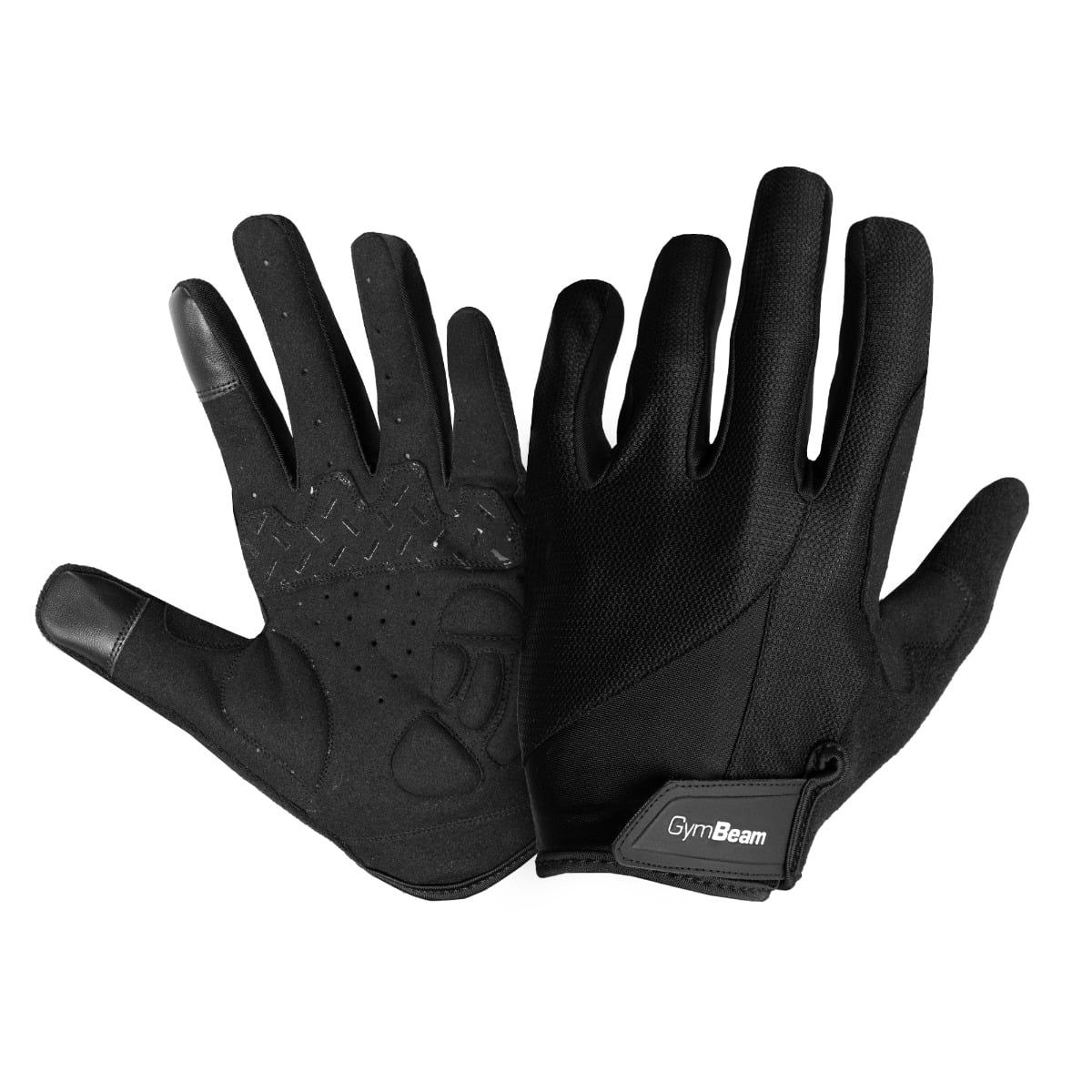 Schwarze Radsporthandschuhe aus Leder und Netzstoff mit GymBeam-Logo.