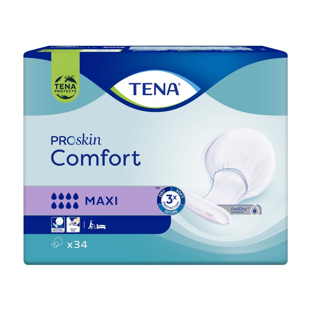 Verpackung von TENA ProSkin Comfort Maxi. Blaue Verpackung mit Produktnamen und Logo. Enthält 34 Stück. Mit Feuchtigkeitssymbolen und Zertifizierungen.