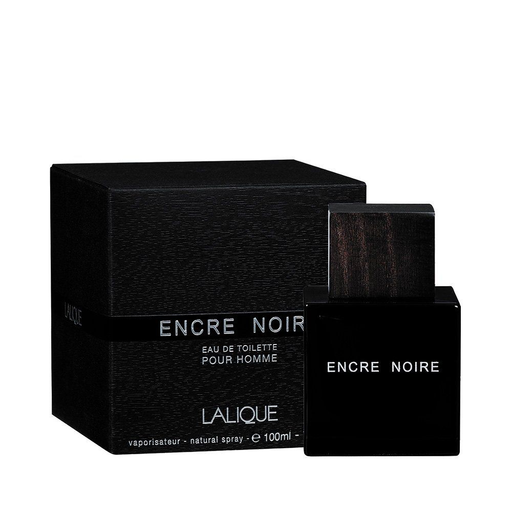 Schwarzer Flakon mit Holzdeckel und schwarzer Verpackung. Aufschrift: Encre Noire, Lalique. Eau de Toilette Pour Homme.