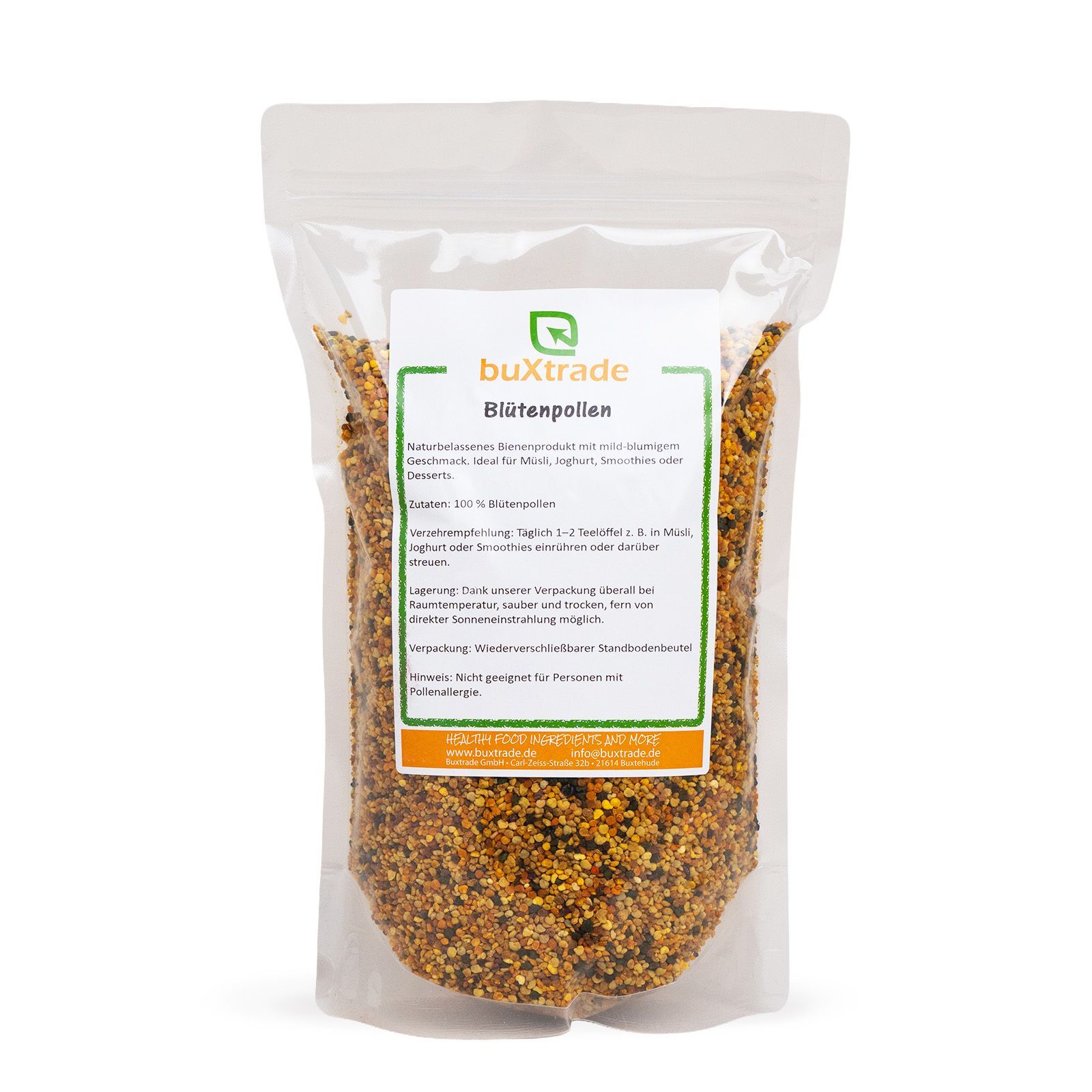 Transparente Verpackung mit Bltenpollen. Etikett mit Produktinformationen. Marke: buXtrade, Schriftzug: Bltenpollen.