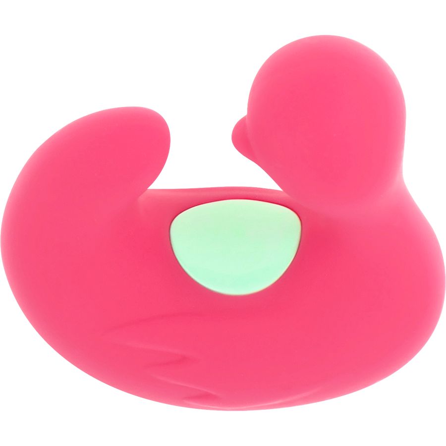 Pinker Silikon-Enten-Stimulator mit grünem Akzent, leichte Seitenansicht. Zeigt die weiche Textur.