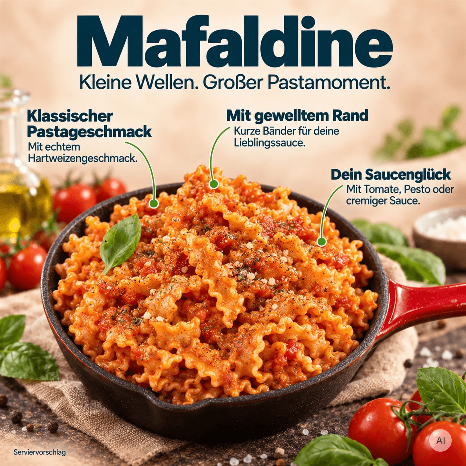 Mafaldine Pasta mit Tomatensauce in einer Pfanne, garniert mit Basilikum.