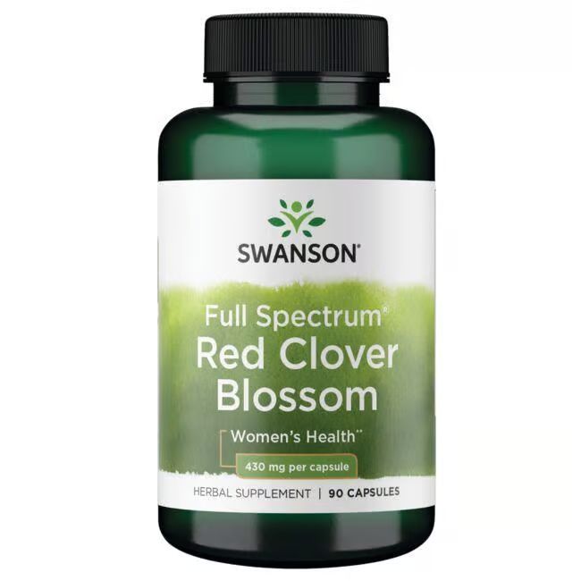 Grüne Flasche mit schwarzem Deckel. Aufschrift: SWANSON, Full Spectrum Red Clover Blossom, 430 mg pro Kapsel, 90 Kapseln.