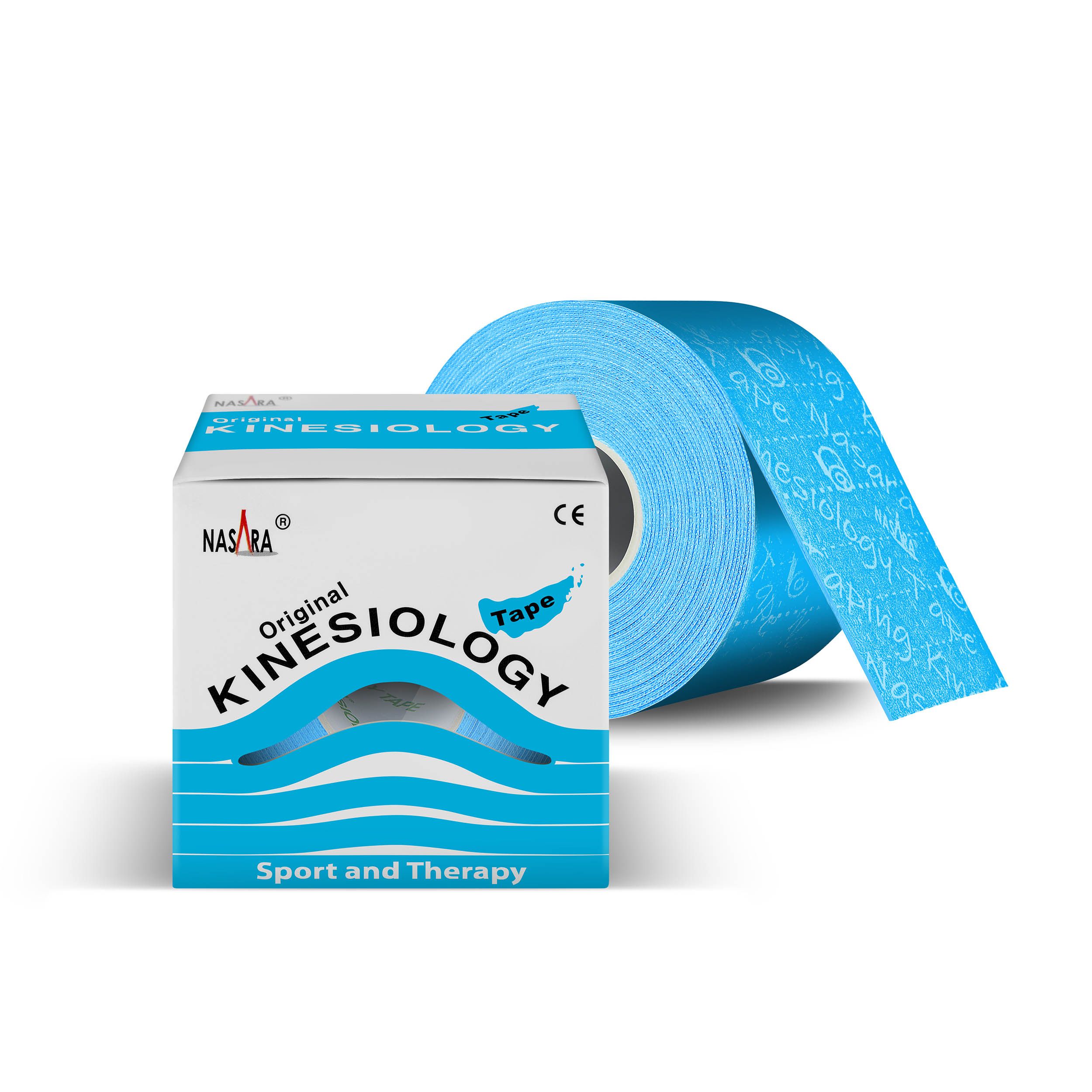 Blaues Kinesiologie-Tape und Box. Box mit Logo und Schriftzug. Rolle Tape daneben.