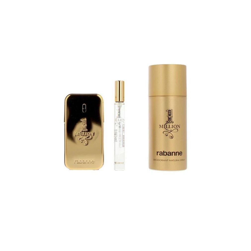 1 Million Eau de Toilette, Reisezerstäuber und Deospray von Rabanne auf weißem Hintergrund.