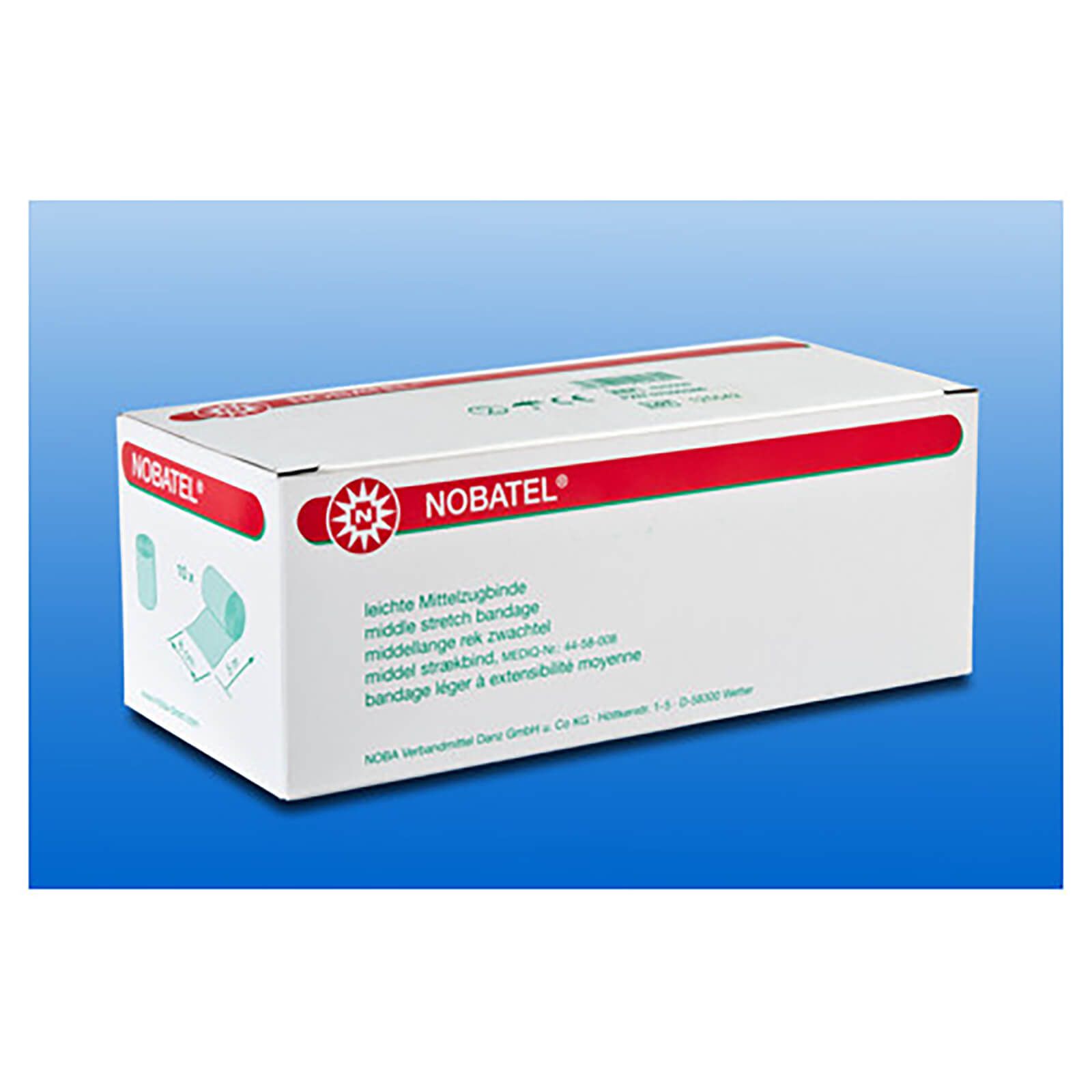 Weiße Produktverpackung mit rotem Streifen und NOBATEL-Logo. Text: leichte Mittelzugbinde, 10 Stück.