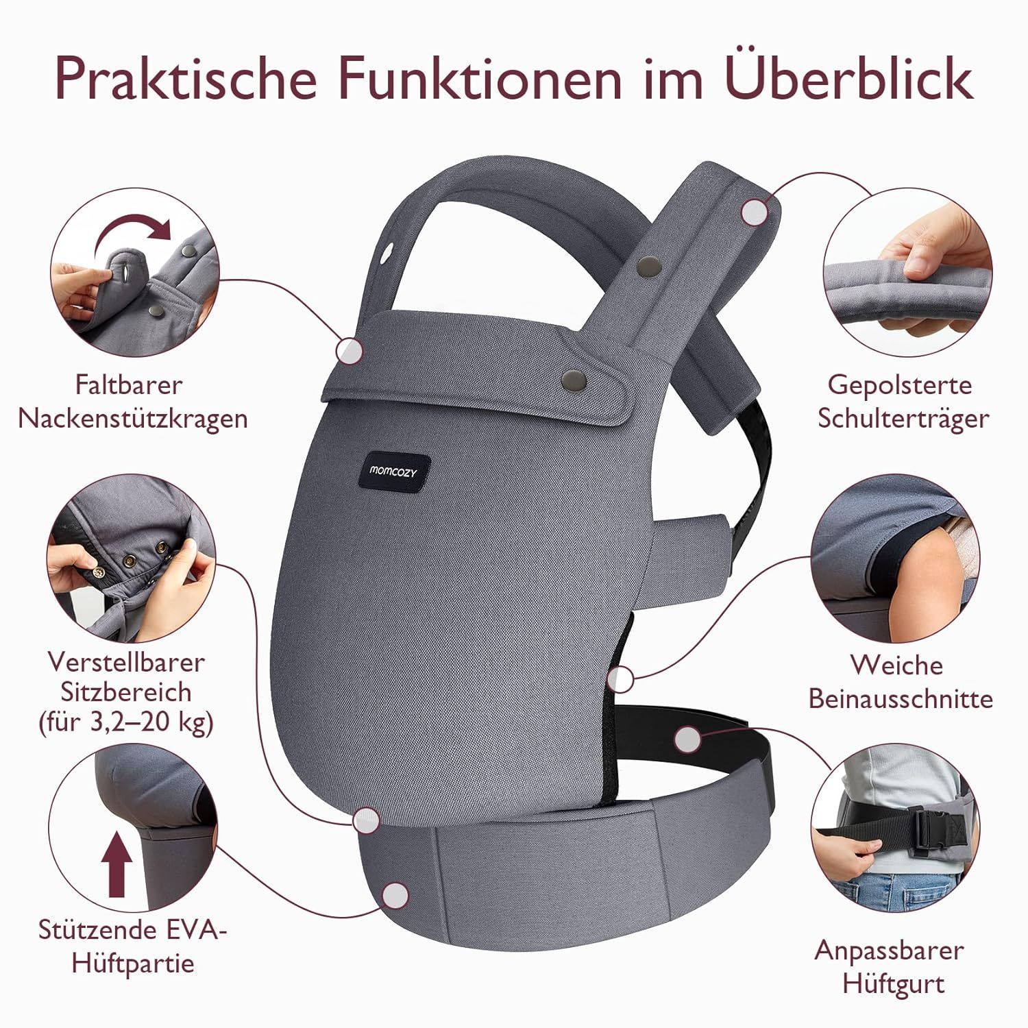 Momcozy Baby Trage - Leichte & Atmungsaktive Grau