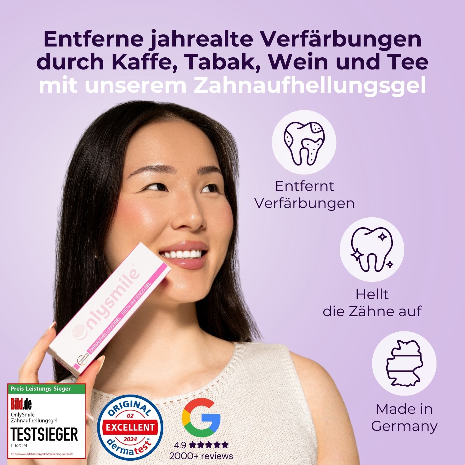 Eine Frau hält eine Tube OnlySmile® Zahnaufhellungsgel. Zertifizierungen und Auszeichnungen sind im Hintergrund zu sehen.