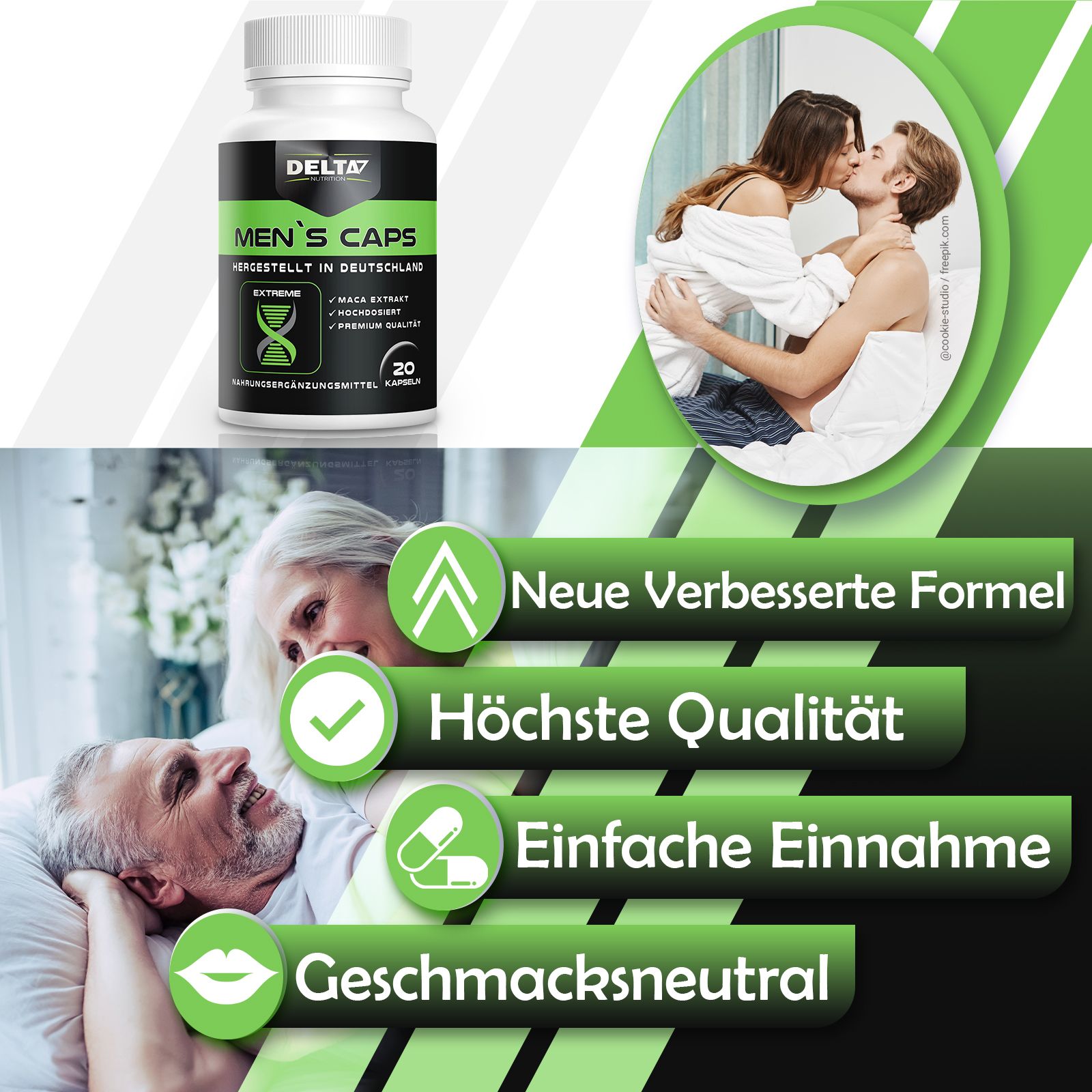 Men's Caps in weißer Flasche. Aufschrift: Delta7, Men's Caps, 20 Kapseln. Text: Neue verbesserte Formel, höchste Qualität, einfache Einnahme, geschmacksneutral.