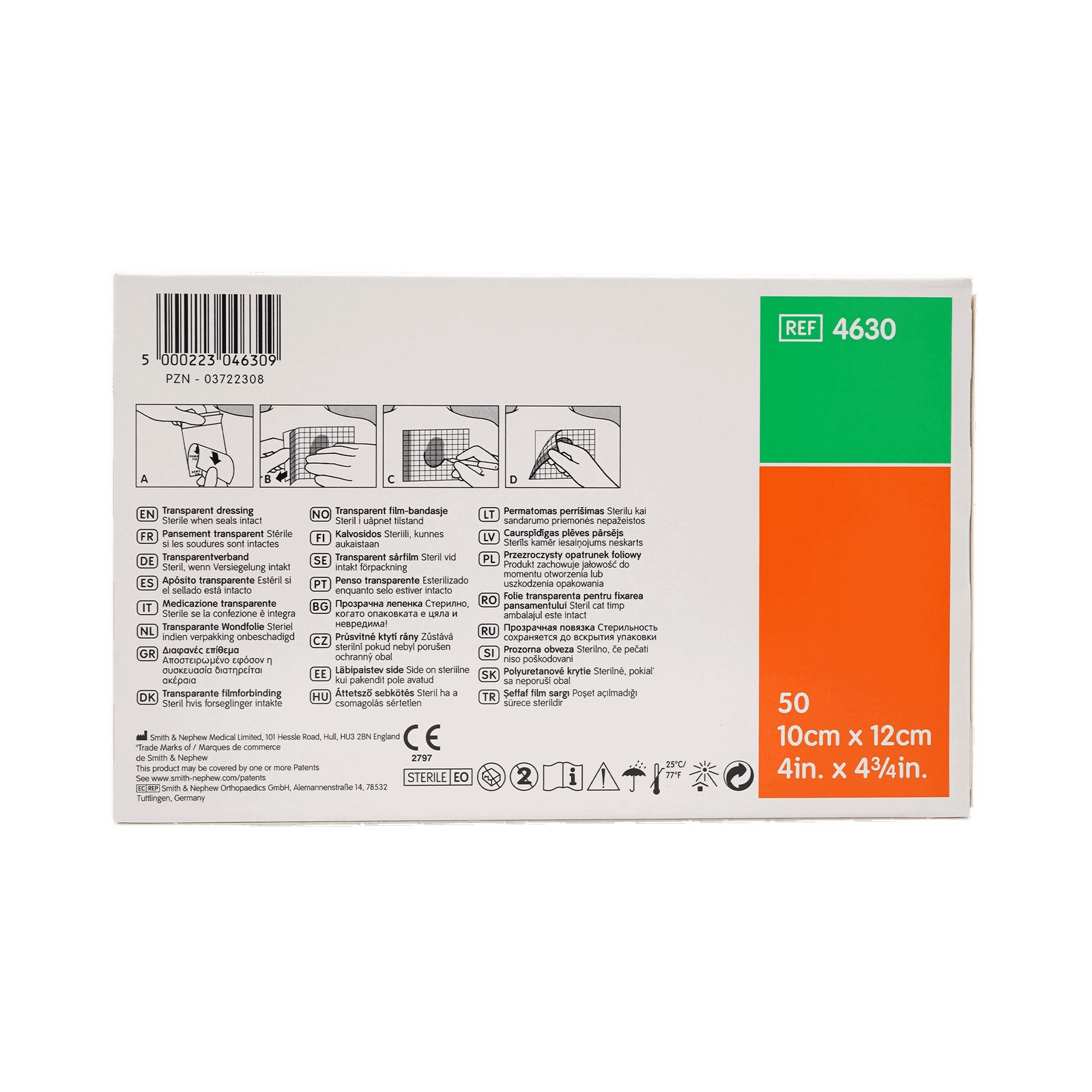 Rückseite der OPSITE Flexigrid Verpackung. Grün-oranges Rechteck mit REF 4630. Produktinformationen und Piktogramme.